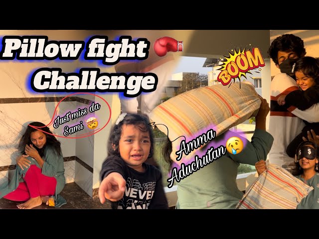 Pillow fight challenge 🥊😂| I beat saanu by mistake🫡 #saanvikashree #saanufam class=
