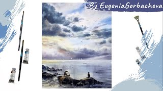 Как рисовать море, облака и котов акварелью | Урок рисования | Евгения Горбачева