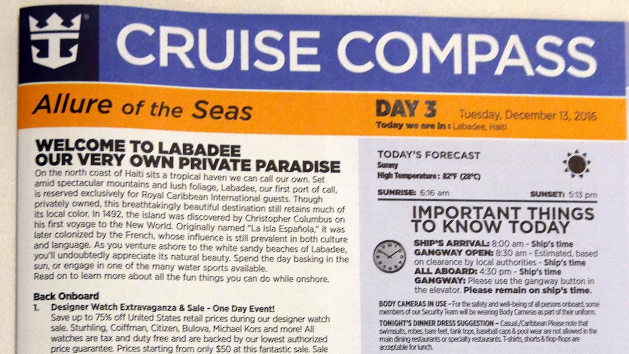 Royal Caribbean Cruise Compass Daily Schedule for Activities