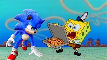 Sonic Movie trying to get a pizza from Spongebob