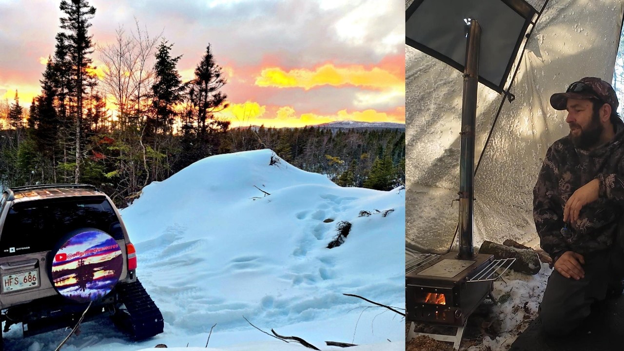 Winter camping in a hot tent in western newfoundland
