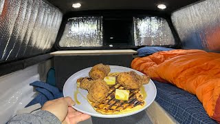 Chicken and Waffles While Truck Camping in Snow & Rain