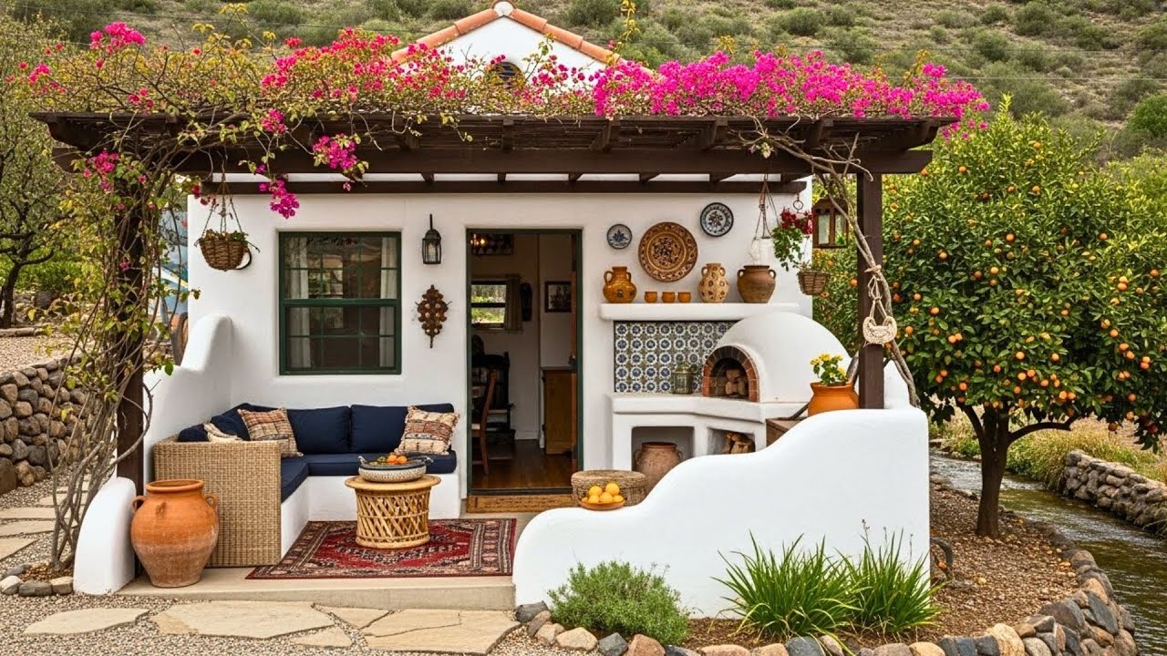 49 Dreamy Tiny House Oasis With Outdoor Kitchen, Tile Accents, Fresh Oranges & Peaceful Stream