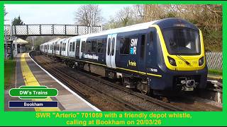 SWR Class 701 Arterio 701059 calling at Bookham with a friendly depot whistle, on 20/03/26