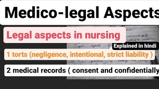 medico legal aspects bsc nursing 3rd year | legal aspects in nursing | 1 torts and 2 medical records