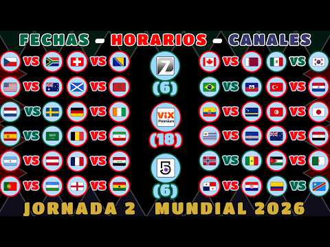 FECHAS, HORARIOS y CANALES para TODOS los PARTIDOS de la JORNADA 2 FASE DE GRUPOS MUNDIAL 2026