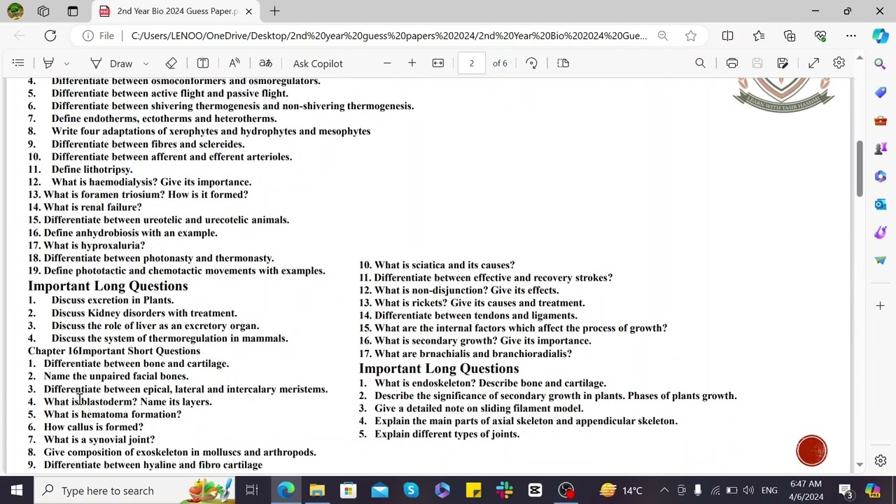 Hashmi academy 2nd year Biology 2024 Guess Paper