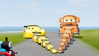 Big \& Small: Mater The Greater vs Lightning Mcqueen vs Raoul CaRoule vs Train | BeamNG.Drive#2