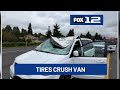 Tires come off semi-truck, crush minivan on I-5 in Vancouver