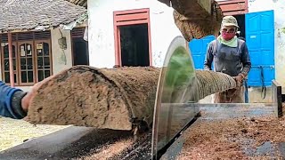 Splitting last year's felled coconut wood  Make house building materials