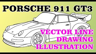 Porsche 911 Vector line art drawing illustration, Digital vector file for laser engraving cut print