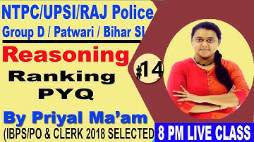 Class-14 || New Batch || RRB NTPC|Ranking Reasoning by Priyal maam ||for all exam