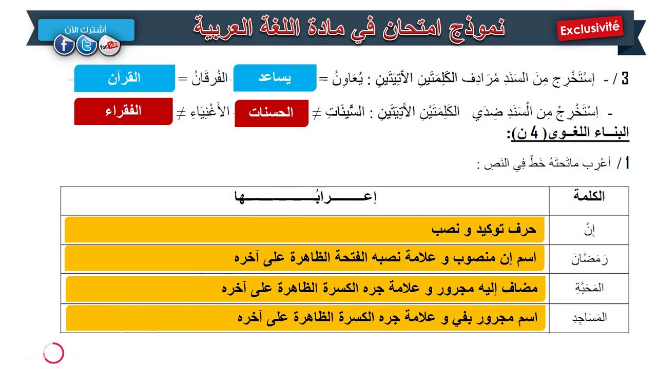 حل امتحان الفصل الثالث في مادة اللغة العربية (1) / السنة الرابعة ابتدائي 2019