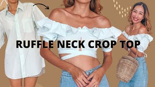 DIY Ruffle neck crop top from Mens shirt - Mens shirt refashion idea - Step by step tutorial