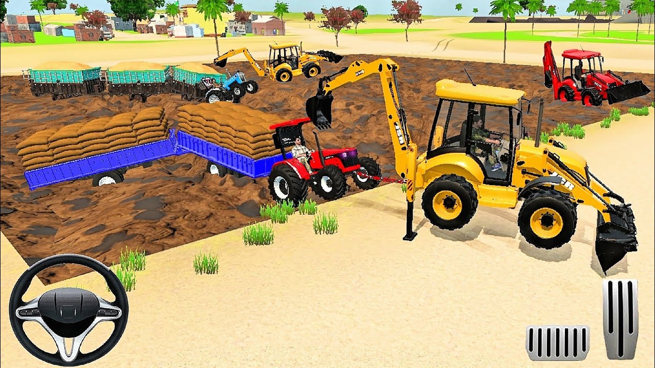 🚜Bori loaded trolley stuck in Mud tractor 🚜 and JCB rescued the trolley 😮💥🎮 #tractor #trolley #jcb 