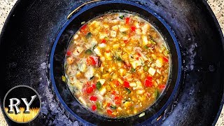 Turkey chili verde cooked in the dutch oven on weber kettle