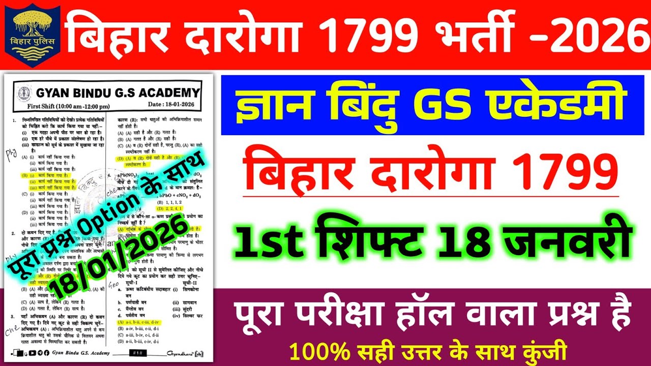 Bihar Daroga/SI 1799 भर्ती परीक्षा 2026 | 18 January 1st Shift Question Paper Discussion
