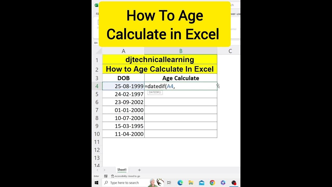 How to age calculate in excel datedif formula in excel today