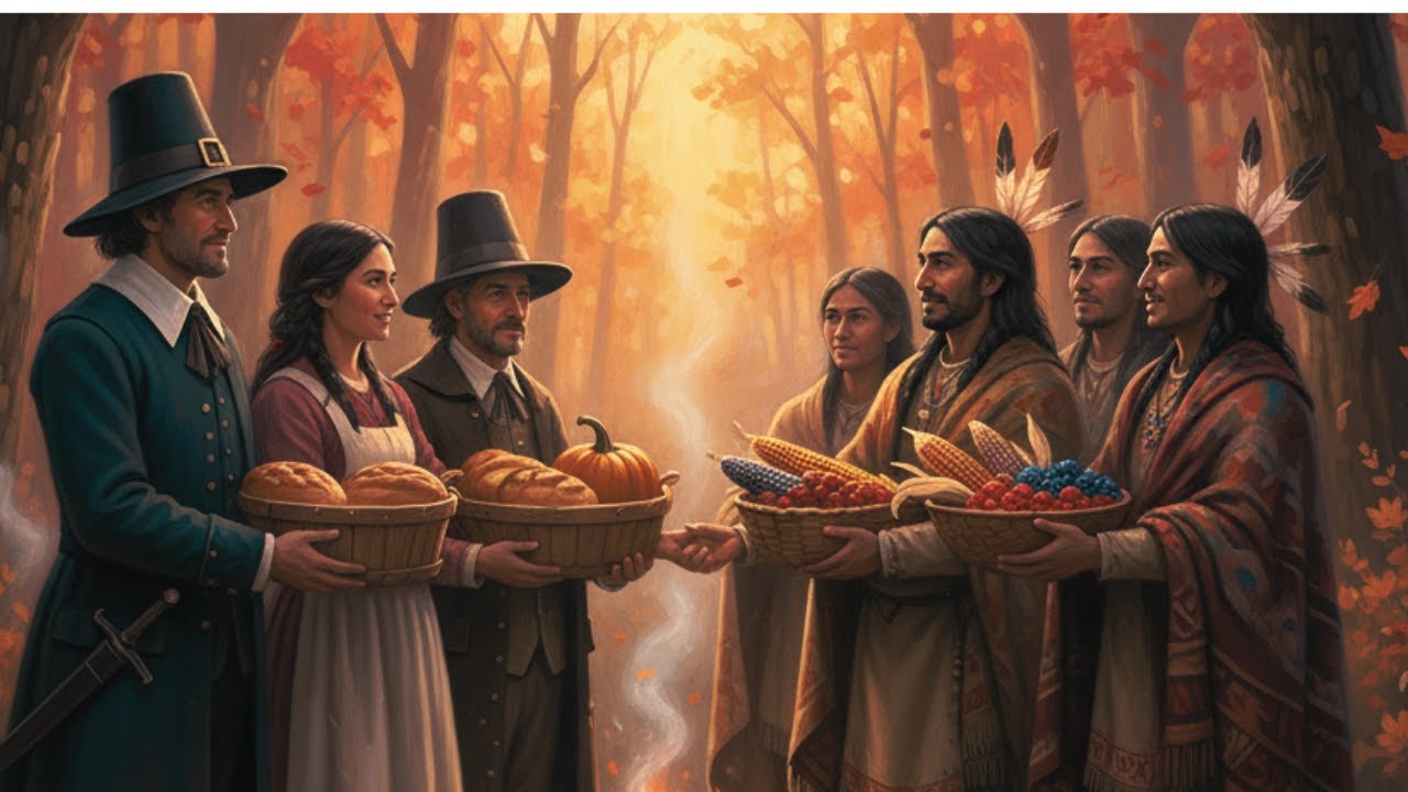 Whimsical Thanksgiving Feast | Pilgrims & Native Americans Cozy Art ...