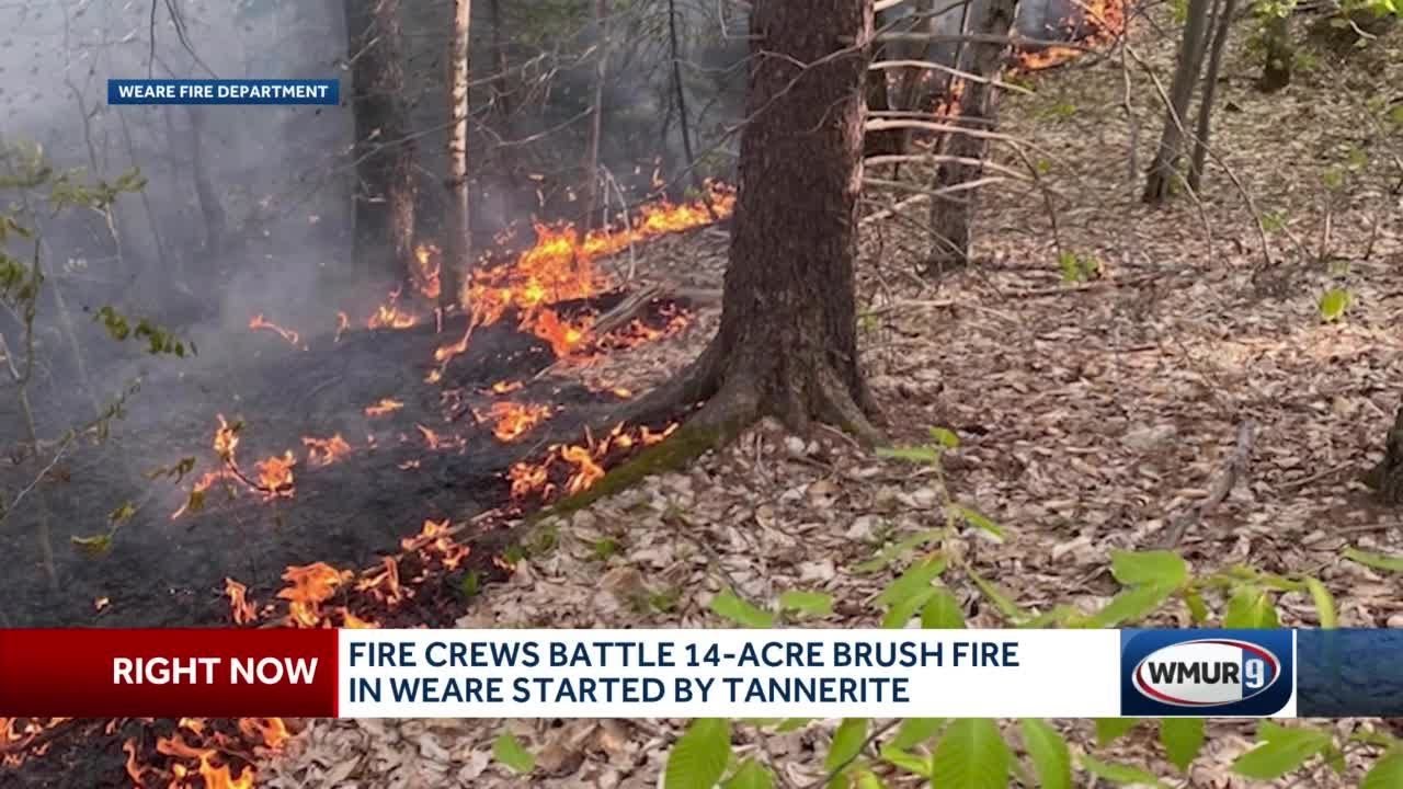 Crews battle 14-acre brush fire in Weare started by Tannerite - YouTube