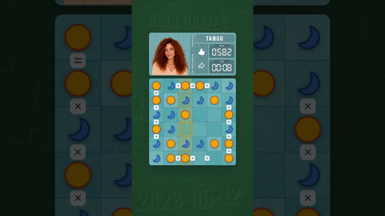 LinkedIn Tango #582 solved board for May 12, 2026, 6x6 grid
