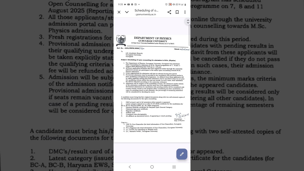 MERIT LIST and open counselling notice at Gurugram University 