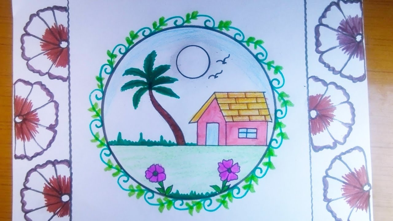 How To Draw A Easy Scenery In A Circle / Easy Circle Drawing Ideas ...