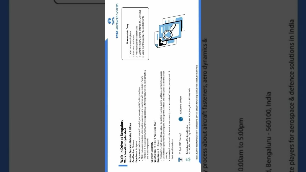 Tata Advanced Systems Walk-In Drive | Bengaluru | 6th April 2025 