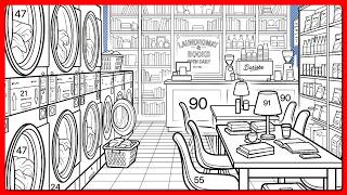 Cozy Laundromat Bookstore Café Coffee, Books & Fresh Laundry Color by Number #coloringbook Guide