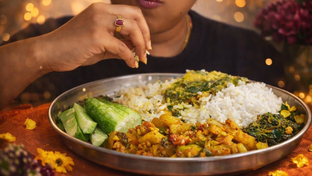 Eating simple homemade food. 