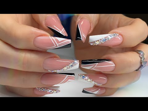 Hand Drawn Abstract Nail Art | Simple Black &amp; White Gel Nail Design Tutorial w/ Swarovski Crystals