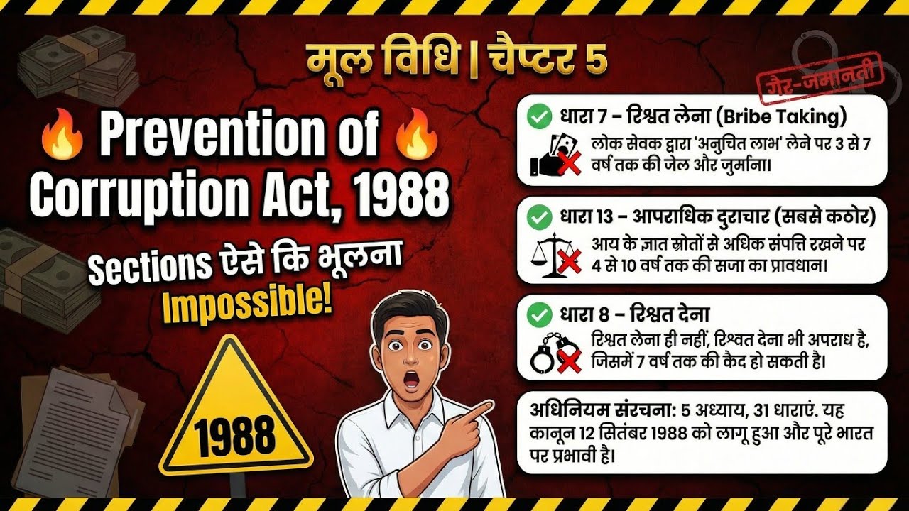 मूलविधि | Prevention of Corruption Act,1988 | Sections ऐसे समझो कि भूल ही ना पाओ | New Version Trick