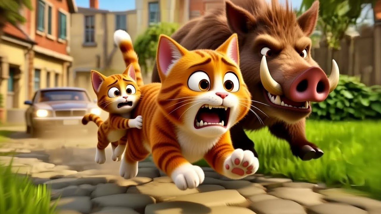 Mama Cat and Kitten Car Escape vs Wild Boar | Cats vs Trouble