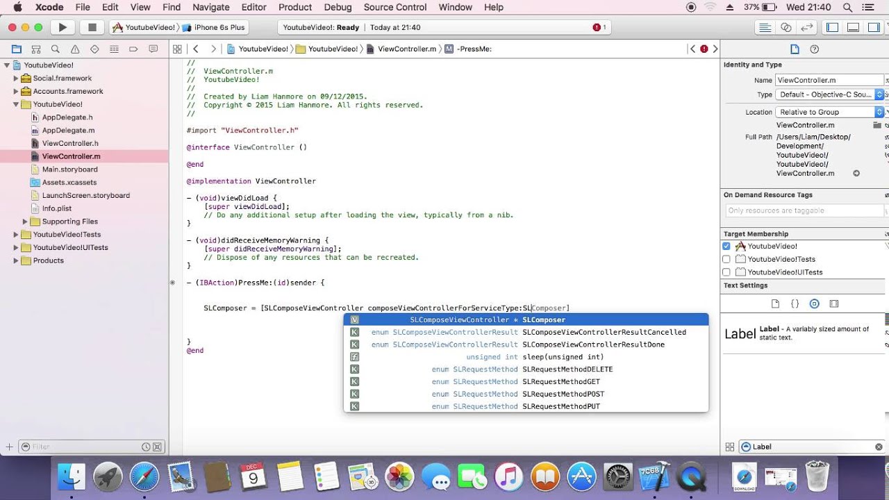 How to Post things to twitter in your App! Xcode 7 OBJ C - YouTube