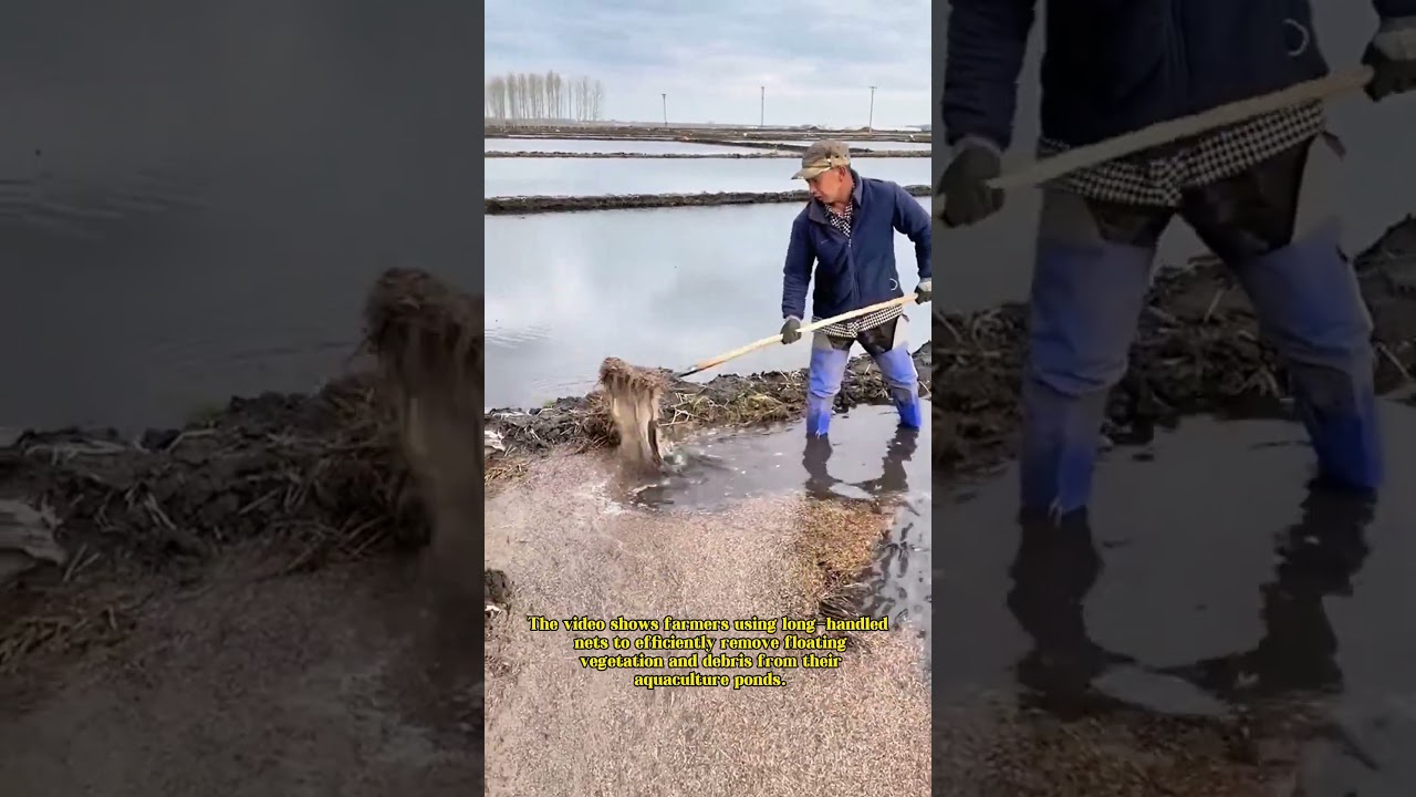 Farmers Clearing Floating Debris from Aquaculture Ponds