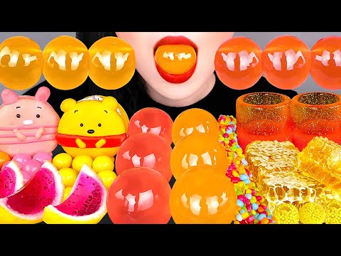 ASMR PINK YELLOW FOOD 노란색 분홍색 디저트 먹방 *먹는 컵젤리, 복숭아젤리, 망고젤리, 벌집꿀 EDIBLE JELLO CUPS, HONEYCOMB MUKBANG