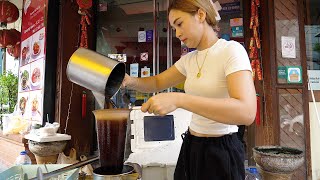 Beautiful Lady Selling Coffee Early Morning in Bangkok Every Day - Thai Street Food