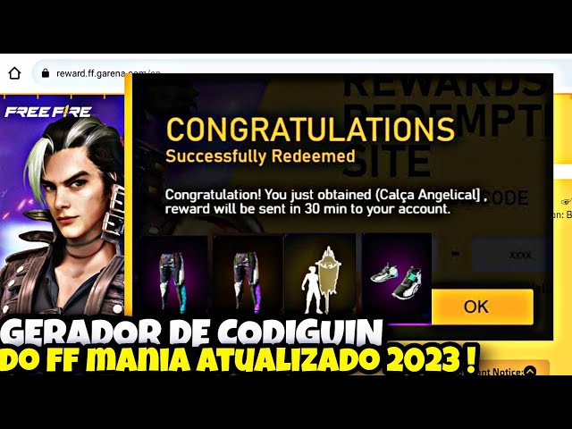 GERA DOR DE CODIGUIN INFINITO FREE FIRE MANIA ! CALÇA ANGELICAL BRANCA ,  PASSE DE ELITE ? 2023 ! 