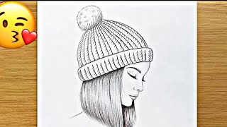 رسم سهل|رسم بنات||كيفية رسم فتاة ترتدى قبعه شتويه|تعلم رسم فتاة كيووت بالرصاص