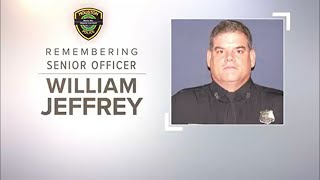 Police escorting Officer William 'Bill' Jeffrey's casket from funeral home to Houston church