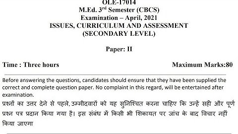 M.Ed. Issues, Curriculum & Assessment (Secondary Level) Question Paper 2021 MDU 3rd Semester