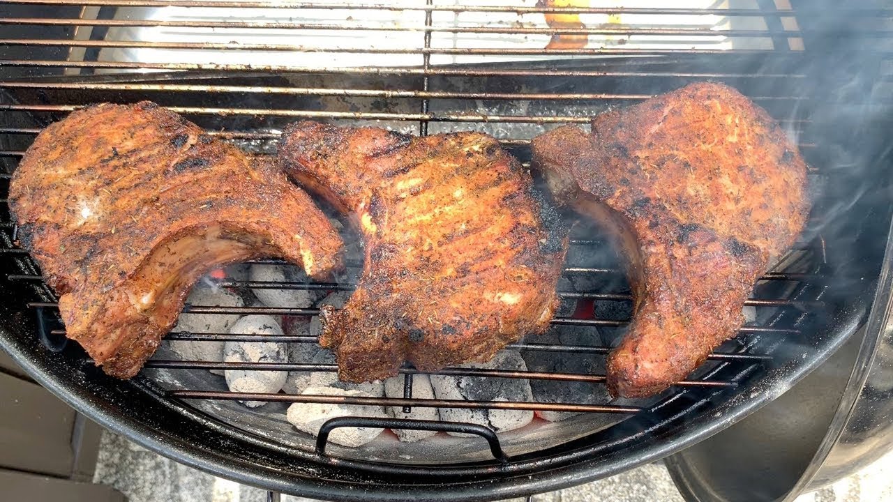 Monster Pork Chops Slow Cooked and Seared on the Weber Kettle - YouTube