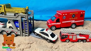 Police Car \& Ambulance Trapped in Ice! Car Carrier Stories for Kids 【Kuma's Bear Kids】