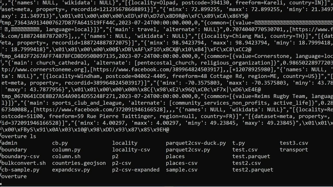 Overture Dataset Fixing bugs in my previous scripts to convert Parquet