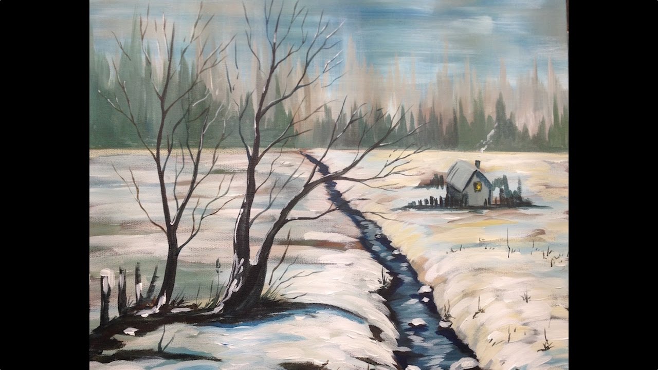 Acrylic Painting Tutorial Winter Snow Scene Landscape Big Canvas