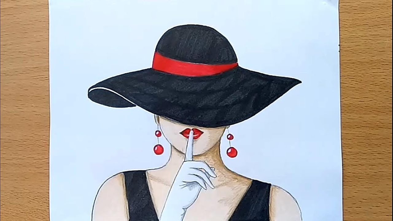 Linear drawing of a woman in a hat. Fashion art.