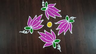 daily simple and easy lotus rangoli design muggu Kolam with dots 9×1 straight lines.