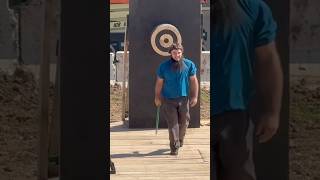 Happy Amish Axe Thrower At The 2024 Paul Bunyan Lumberjack Compeion