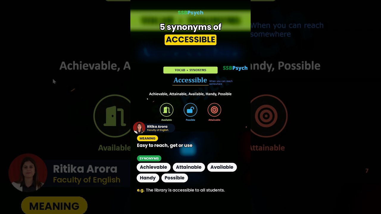 Accessible Meaning & Synonyms | English Vocab for NDA, CDS, AFCAT | SSBPsych #Shorts