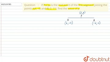 If P(2,p) is the mid-point of the line segment joining the points A(6, -5)\r\nand B(-2, 11), fin...